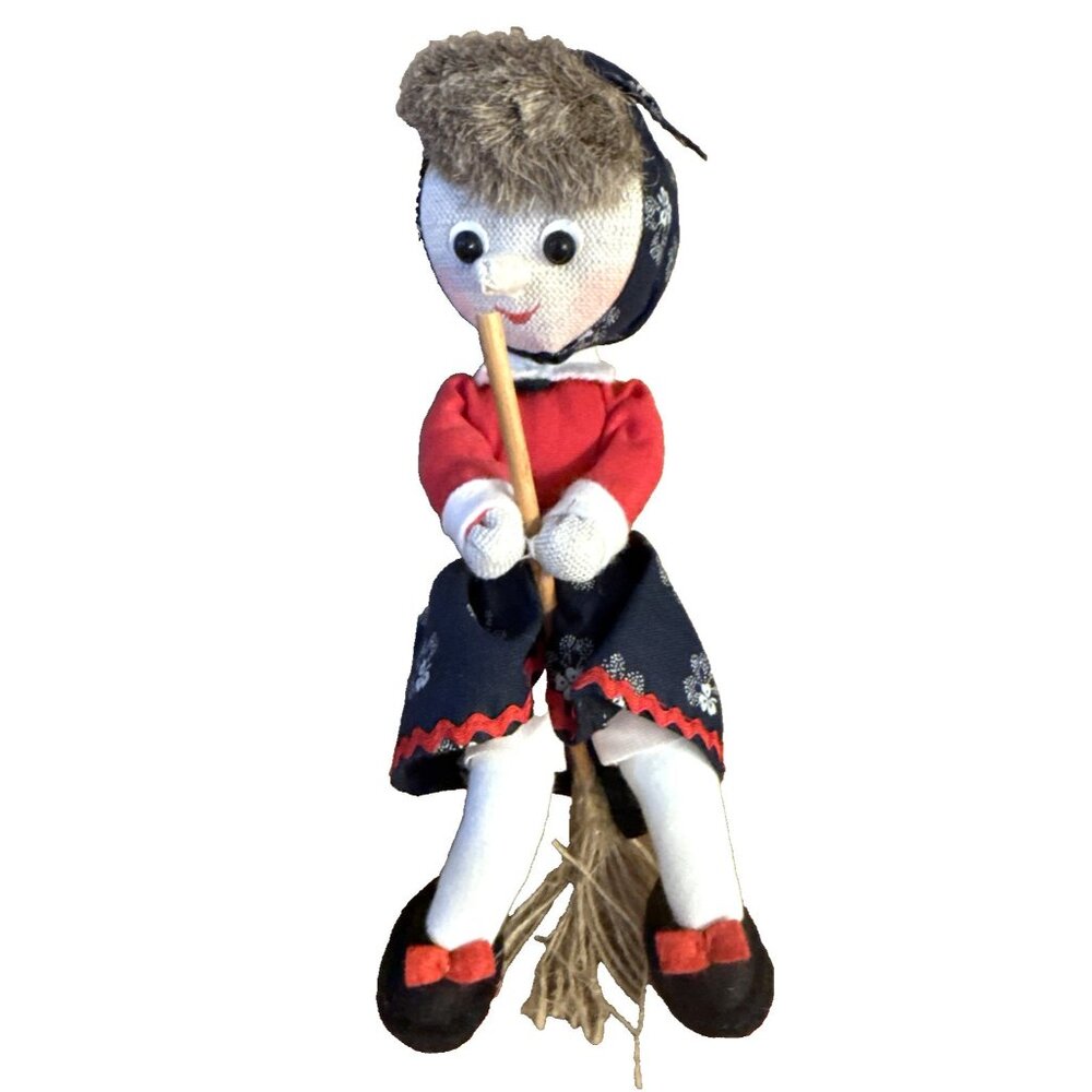 Textile Folk Art Ornament Hanging Doll Broom Witch 9” Fabric Handmade